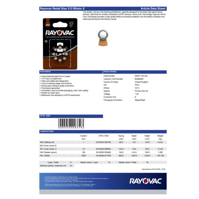 Varta V312 1 45v Pr Bli8 4607 745 418 Solyd