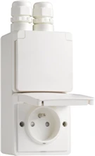 Niko Hydro Prise double verticale étanche aux projections d’eau, avec broche de terre, obturateurs de protection et bornes à vis - y compris un boîtier avec deux entrées au-dessus, couleur blanc - 701-37730