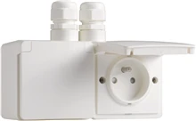 Niko Hydro Prise double horizontale étanche aux projections d’eau, avec broche de terre, obturateurs de protection et bornes à connexion rapide – y compris un boîtier en saillie avec deux entrées au-dessus, couleur blanc - 701-37754