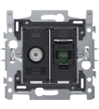 Niko Combinatie coax met RJ45-aansluiting UTP Cat. 5E, klaar voor PoE++, vlakke uitvoering, incl. sokkel 60 x 71 mm met klauwbevestiging. Goedgekeurd Wyre (Telenet-Interkabel) en VOO - 170-66158
