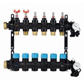 Henco Collecteur pour chauffage par le sol plastique 1" + 2 x 3/4" ek avec aérateur, avec vanne de réglage, avec débitmè - UFH-0605MDK02-03L